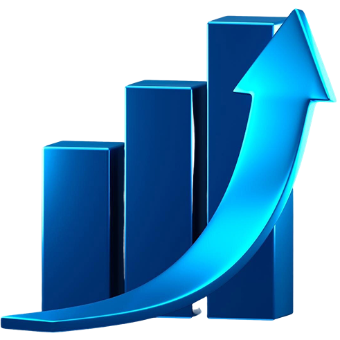 3D blue growth chart with rising arrow